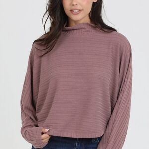 Angie Mauve Batwing Ribbed Mock Neck Long Sleeve Top